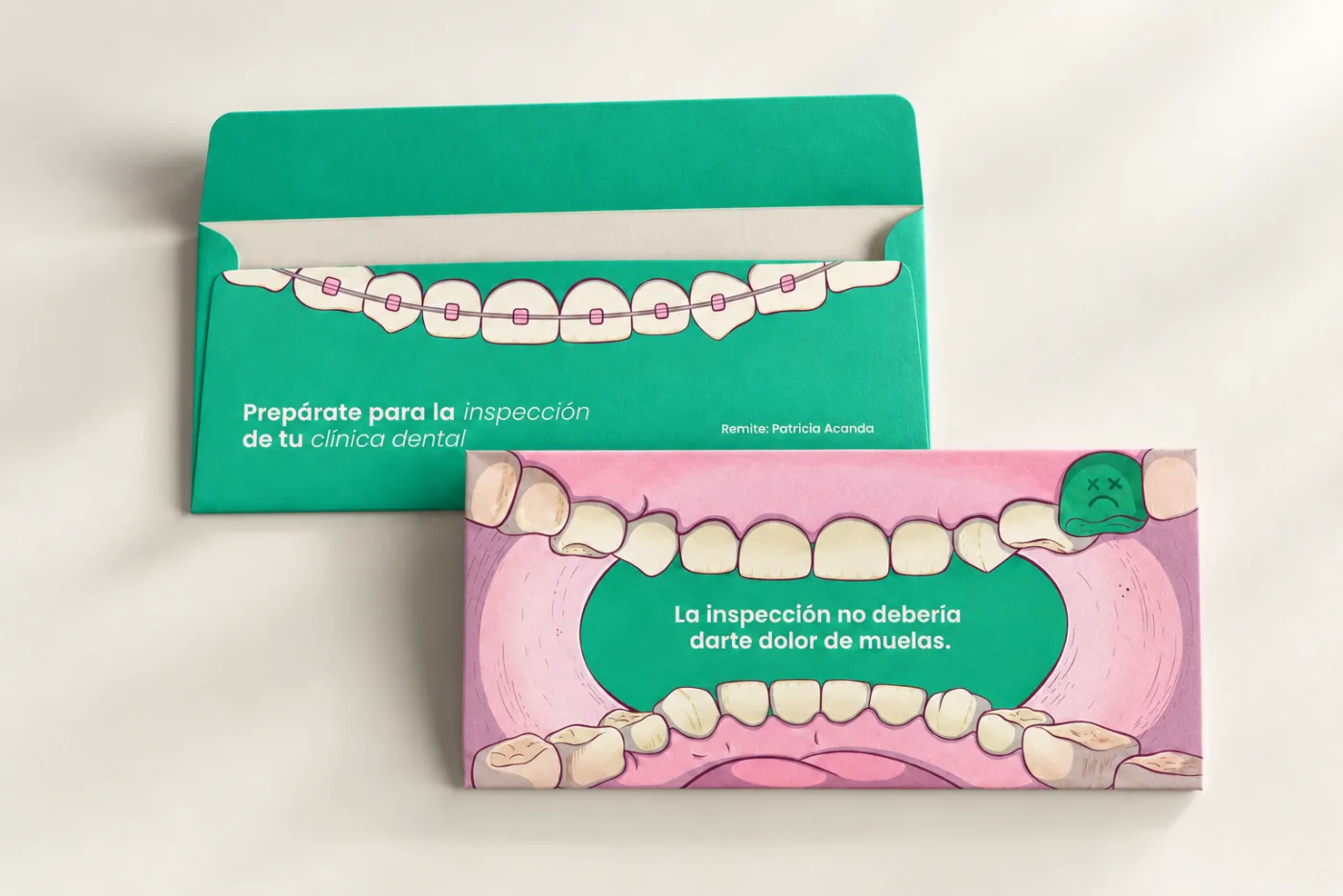 Green envelope with braced teeth on the flap beside a pink card illustrated as an open mouth, illustration by Lizy Del Busto
